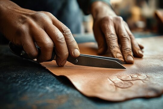 Skilled African Female Artisan Cutting Leather with Scissors in Her Creative Workshop