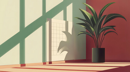 A potted plant sits in front of a white wall with a window