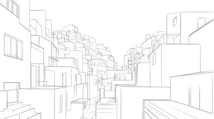 A cityscape with tall buildings and a clear blue sky