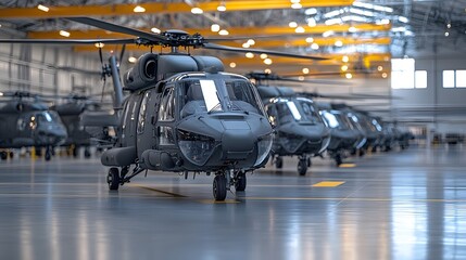 High Tech Military Aviation Hub with Lineup of Helicopters in Vast Hangar Showcasing Powerful Engineering and Advanced Aircraft Design in an Industrial Atmosphere of Mechanical Precision