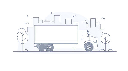 A white truck is driving down a road with a city in the background