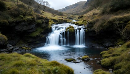 Fototapeta premium Serene Waterfall in Lush Mountain Valley: Cascading Water, Mossy Rocks, and Tranquil Atmosphere