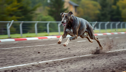 Sprinting dynamic greyhound on the race course, grunge. with white shades