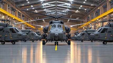 Neatly arranged modern attack helicopters in a dimly lit industrial hangar with overhead steel beams highlighted showcasing the technical details of the rotor blades and weaponry