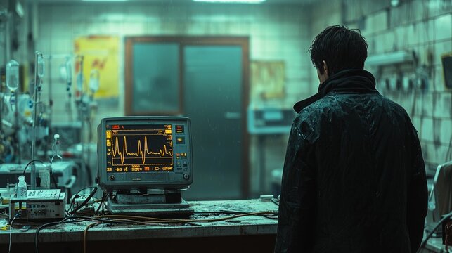 Death moves quietly from hospital room leaving behind unsettling sense of calm and stark silence of flatlined heart monitor. atmosphere feels heavy yet peaceful.