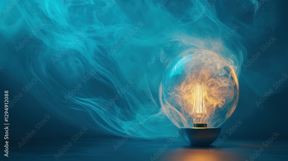 Aufkleber glowing gas lamp emits warm light amidst swirling blue smoke creating an enchanting atmosphere in a 