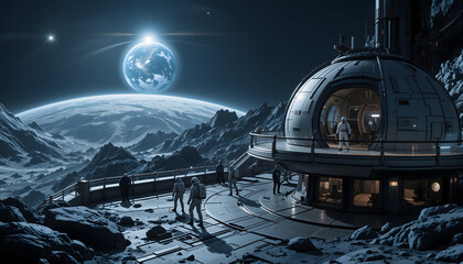 A High-Tech Moon Base with Earth Visible in the Sky