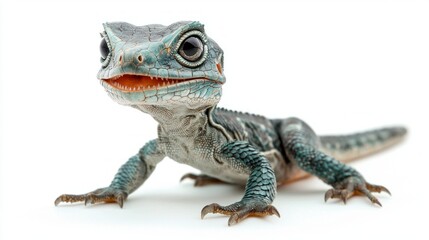Obraz premium baby Mosasaurus showcases its tiny sharp teeth as it gently opens its tiny jaws. smooth scaly skin features brilliant blue and gray shades highlighting its unique texture.