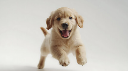 A small golden retriever puppy is running and jumping in the air