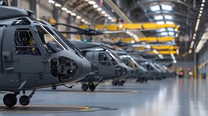 Rows of sleek futuristic military helicopters aligned in a spacious high tech aviation hangar their detailed mechanical components and advanced design visible