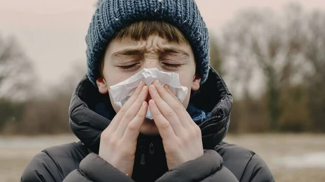 Young boy struggles with cold and allergies while enjoying a chilly day outdoors in a park