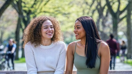 Naklejka premium Generative AI, Two Friends Laughing Together in a Park