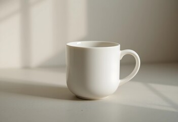 Fototapeta premium A ceramic mug with a smooth handle on a neutral surface. Soft lighting highlights its clean design and subtle texture. A simple, minimalist composition emphasizing warmth and everyday use.