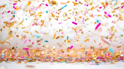 Fototapeta premium Softly falling confetti in an array of bright colors creating a joyful and lively atmosphere with glittering pieces catching the light a festive and energetic concept