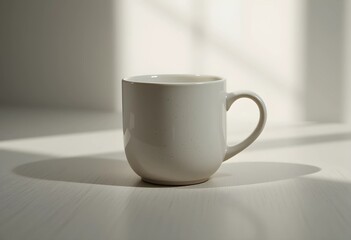 Fototapeta premium A ceramic mug with a smooth handle on a neutral surface. Soft lighting highlights its clean design and subtle texture. A simple, minimalist composition emphasizing warmth and everyday use.