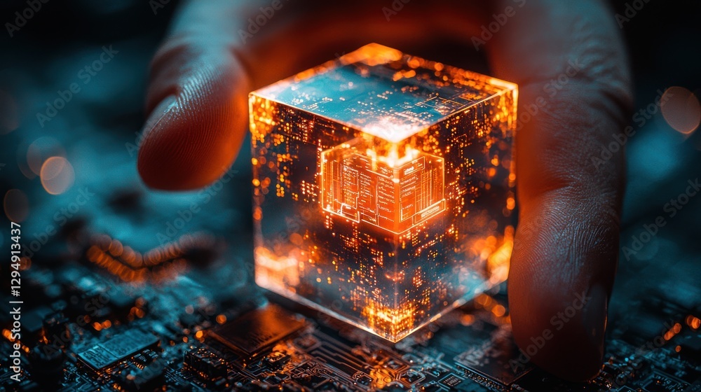 Poster glowing cube of data: innovation in tech
