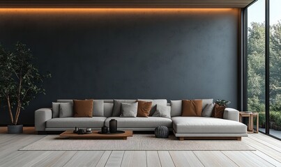 Modern Minimalist Living Room with Gray Sofa Soft Lighting and Scandinavian Design