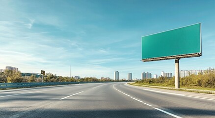 Empty Highway with Blank Green Billboard Under Sunny Sky