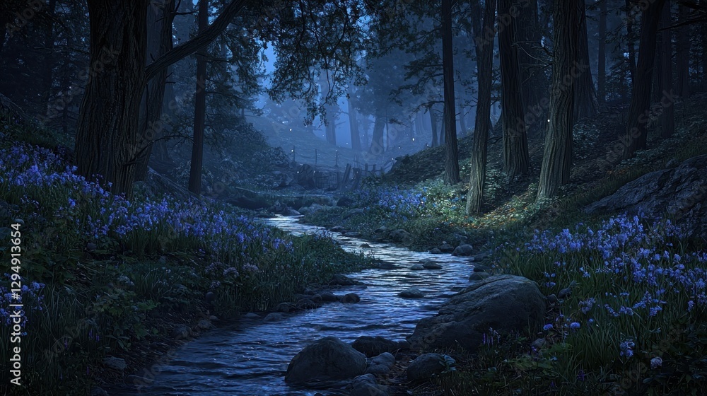 Poster enchanting stream flows through a mystical bluebell forest at twilight.