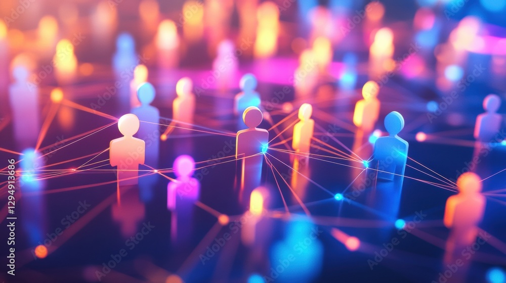 Fototapete Colorful 3D avatars connected through glowing lines represent digital interactions in a vibrant virtual space. Generative AI