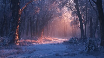 Naklejka premium Magical winter forest path at sunrise, snow falling.