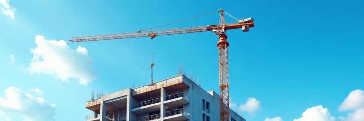 Sleek crane against vibrant blue sky, new building under construction, lifting, new, architecture