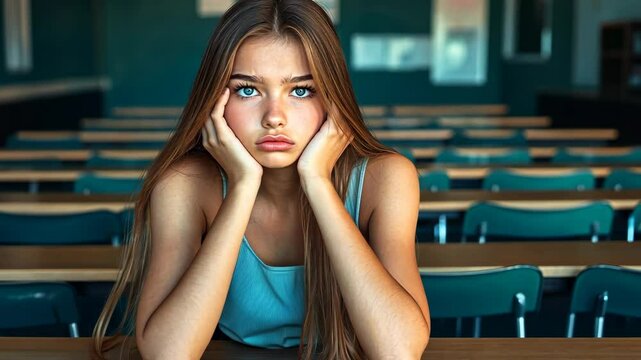 Teen girl expresses boredom while sitting alone in an empty classroom during school hours
