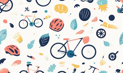 Colorful Bicycle Seamless Pattern with Autumn Leaves