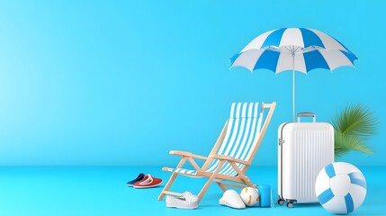 Vacation Travel Essentials with Beach Chair Umbrella and Sports Gear   Promotional 3D Showcasing Summer Holiday and Leisure Activities