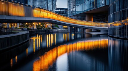 Illuminated pedestrian bridge over water at dusk, modern architecture reflected in calm water.