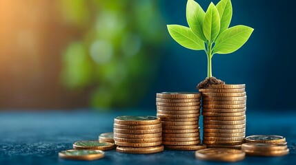 Vibrant green sapling or tree sprout growing atop neatly stacked gold or silver coins symbolizing the idea of financial growth investment success wealth accumulation