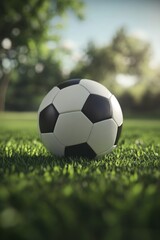 Fototapeta premium Soccer ball on grass lawn. Outdoor activity.