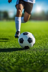 Fototapeta premium People playing soccer game in field.