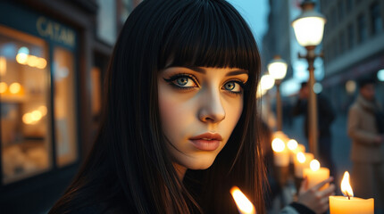 portrait of a young woman in a night city