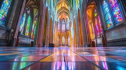Colorful stained glass illuminates a grand cathedral interior.