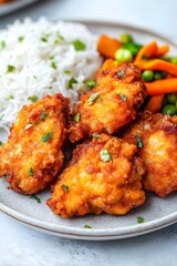 Fototapeta premium Crispy Fried Chicken with Rice and Vegetables