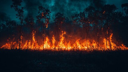 Fototapeta premium vast expanse of fire and ash unfolds dark sky where souls walk barefoot through burning ground feeling no pain as they move forward in haunting realm.