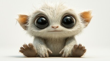 baby yeti sits on white background its snowy white fur soft and ruffled. curious black eyes it showcases oversized hands and feet hint future strength.