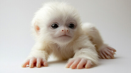Obraz premium adorable baby yeti thick snowy white fur sits against white background. Its tiny black eyes sparkle curiosity while oversized hands and feet hint its future strength.