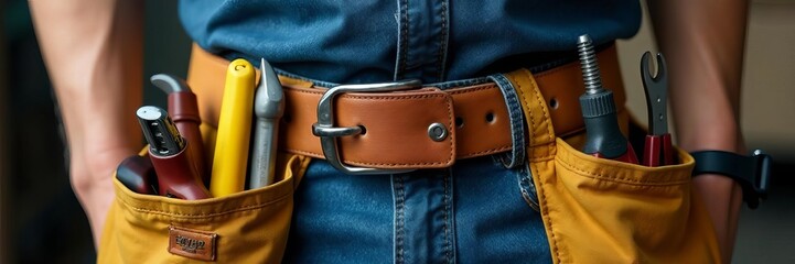 Close-up of well-worn tool belt, various tools visible ,  construction worker,  construction