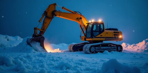 Excavator's claw tears frozen earth, spotlights pierce icy night , machinery at night, heavy-duty machinery