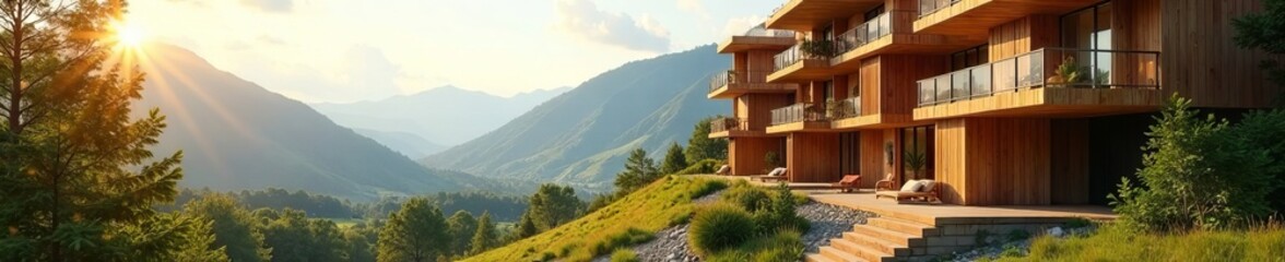 Fototapeta premium Geometric wooden apartment complex, panoramic view, urban, housing, geometric