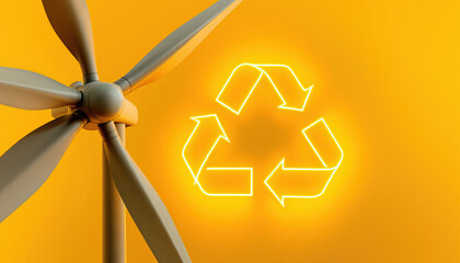 Wind Turbine and Recycling Symbol on Yellow Background