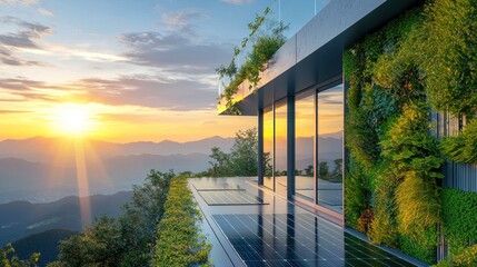 Obraz premium Modern eco-friendly house on mountain at sunset.