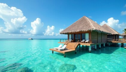 Luxury overwater bungalow, turquoise lagoon access, sky, bali, architecture