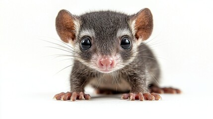 Obraz premium Delicate baby agouti stands on smooth white surface its tiny rounded ears alert and sniffing air. soft brown fur shines beautifully studio lights creating adorable encounter.