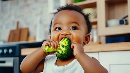 Curious toddler enjoys fresh broccoli while exploring healthy eating habits in a bright kitchen
