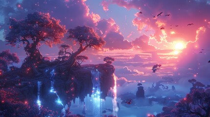 Ethereal Dreamscape Floating Islands and Radiant Waterfalls with Magical Creatures