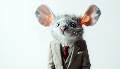 Anthropomorphic Mouse in Gray Suit and Red Tie Against White Background