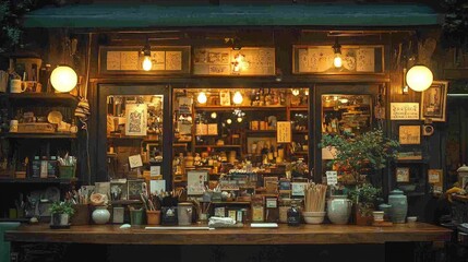 Naklejka premium inviting workspace showcases wooden worktable filled various crafting supplies surrounded shelves of yarn fabric and ceramic pieces. Soft lighting enhances cozy atmosphere.